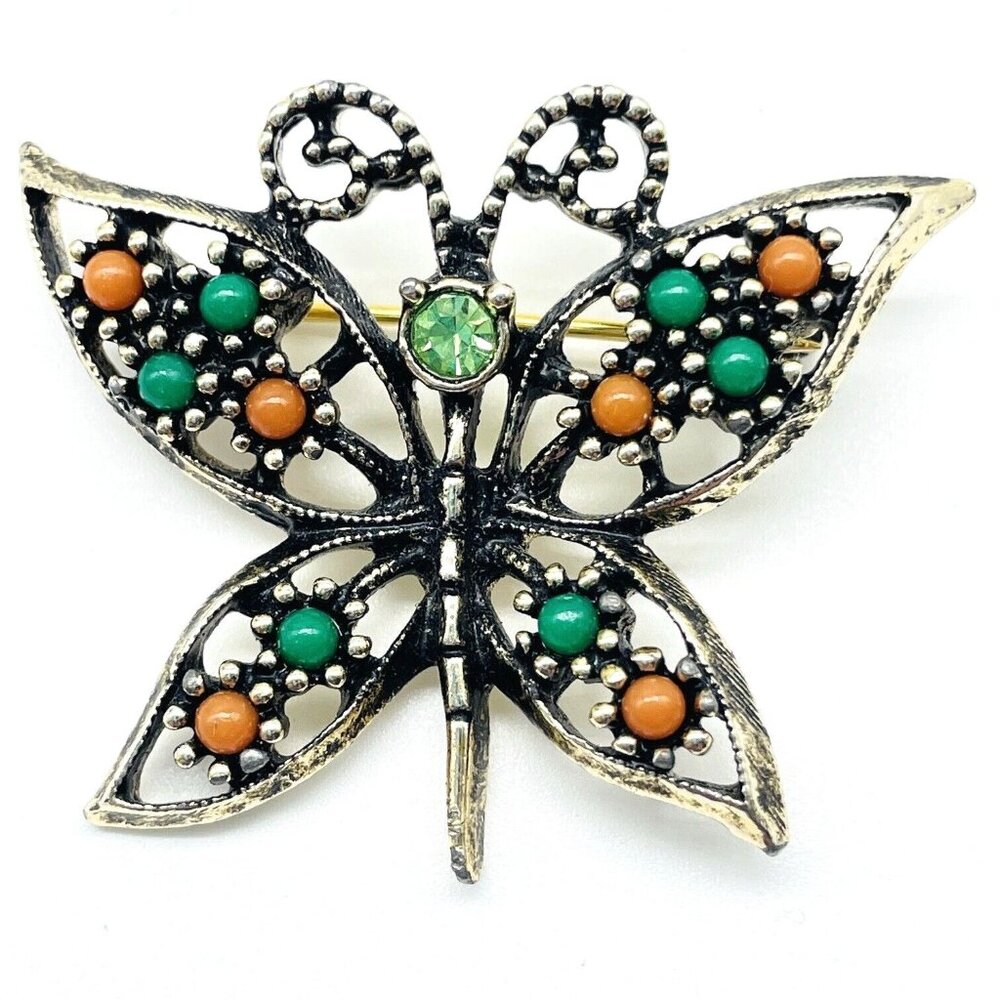 Signed SARAH COVENTRY Butterfly Brooch Silver Tone Green Orange 1970s Moth
